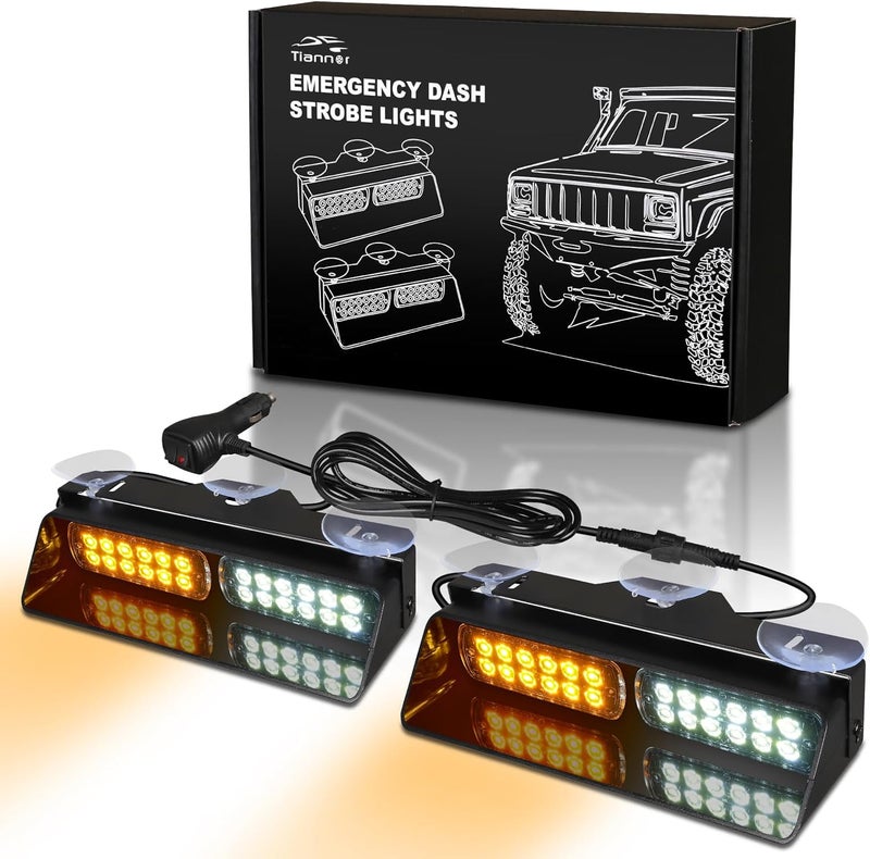 Tiannor Emergency Dash Strobe Lights,Amber White Safety Flashing Warning Hazard Windshield Visor Light Bars,Traffic Advisor Light Bar for Construction Vehicles, Tow/Plow Trucks Cars(2x9 inch, 48LEDs) - Image 1